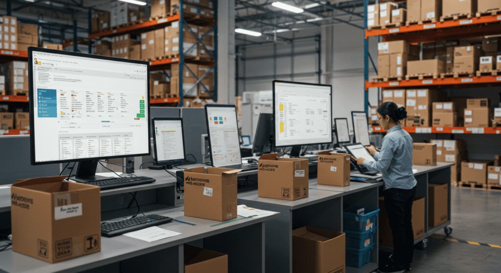 A team of people working on a laptop, representing an eCommerce team managing a Shopify Plus store