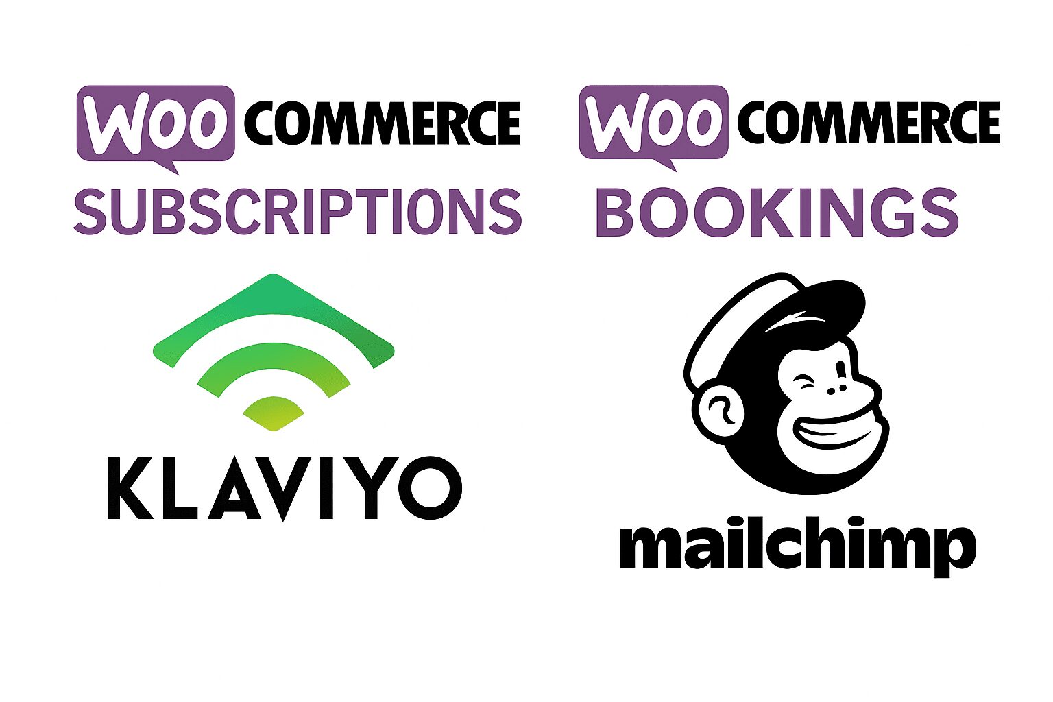 Collage of logos for popular WooCommerce plugins like WooCommerce Subscriptions, WooCommerce Bookings, Klaviyo, and Mailchimp