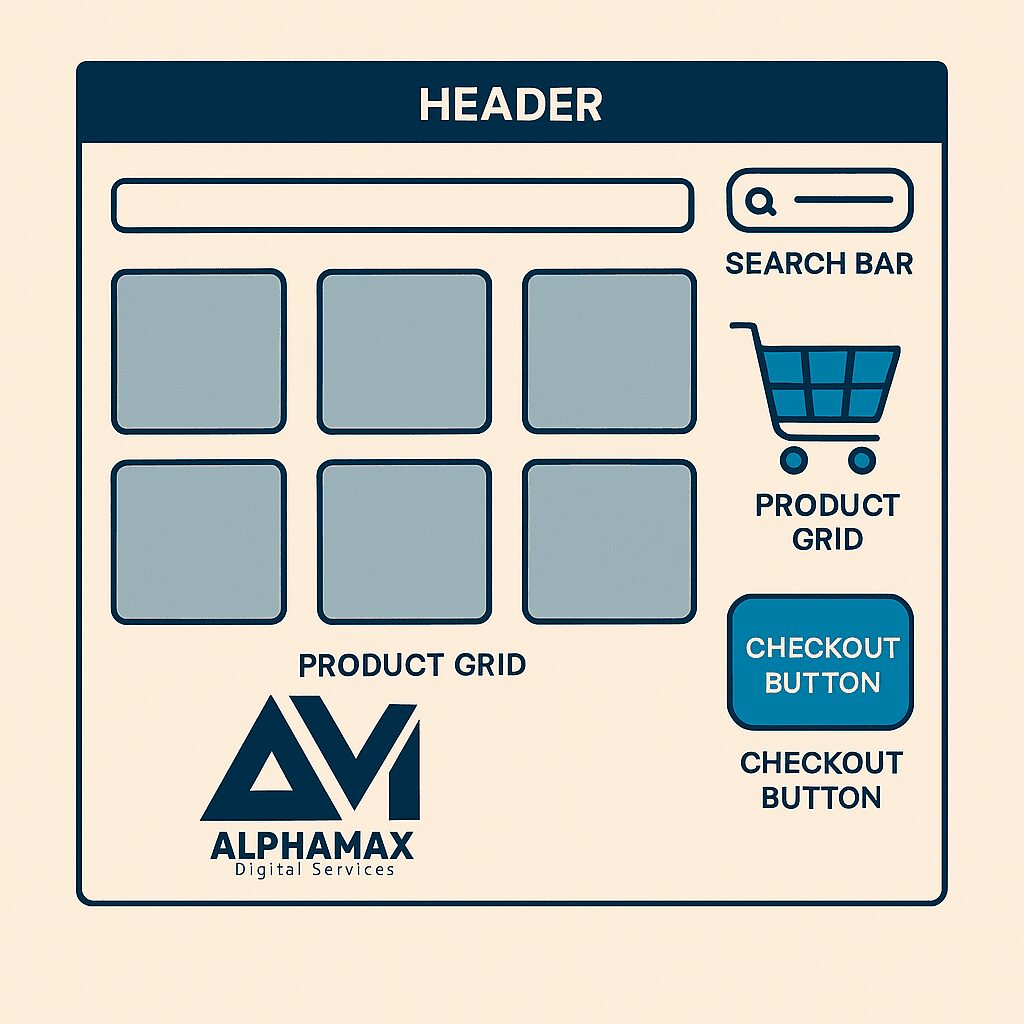 Diagram showing an ecommerce storefront layout with labeled components header, product grid, cart icon, search bar, checkout button