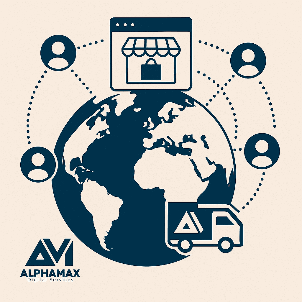 Global ecommerce network illustration showing a storefront icon connected to customers around the world via dotted lines