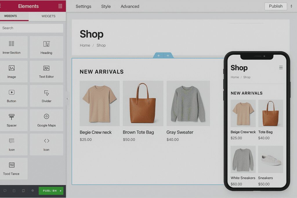 Screenshot of a custom WooCommerce theme being edited in a drag-and-drop page builder, showing a shop homepage on desktop and mobile views