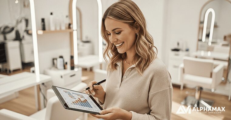 Salon owner reviewing performance charts on a tablet in a well‑lit studio, smiling as she points at the data.