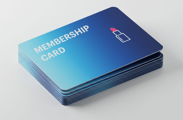 Stack of blue gradient salon membership cards labeled 'MEMBERSHIP CARD' with a lipstick icon