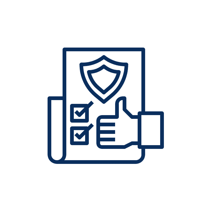 Icon of a document showing checkmarks, a shield, and a thumbs‑up, symbolizing quality assurance and testing compliance