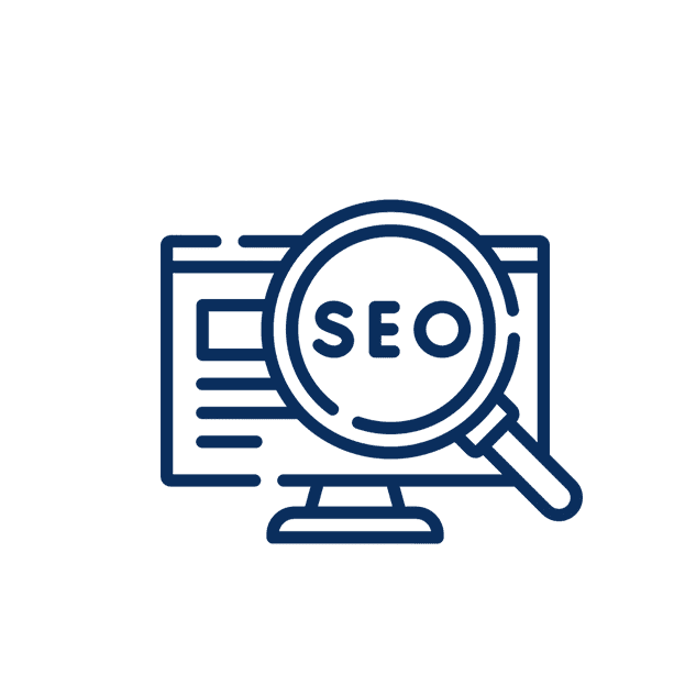 Icon of a computer monitor with a magnifying glass labeled SEO, representing on‑page content work and search‑engine optimization