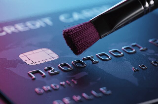 Close‑up of a purple makeup brush touching the embossed numbers on a credit card, illustrating secure payment integration