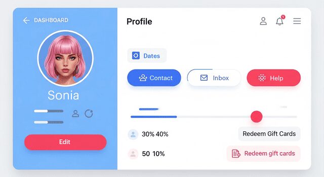 Web dashboard interface with a coach profile avatar, navigation buttons for Contact, Inbox, and Help, and progress bars for user engagement