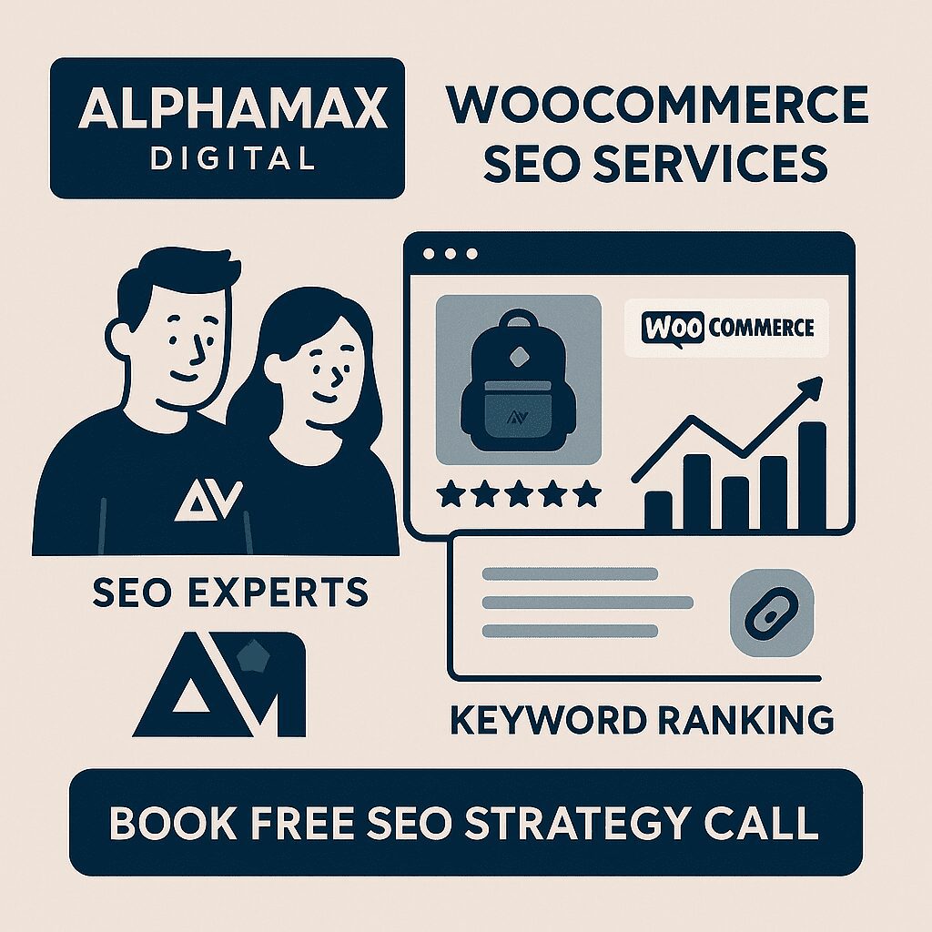 Promotional banner for Alphamax Digital’s WooCommerce SEO services
