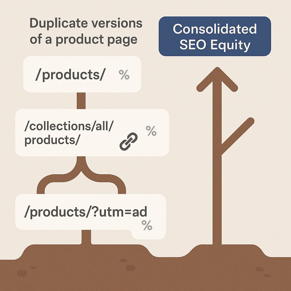 Infographic showing three fragmented Shopify product URLs weakening SEO authority vs one clean, consolidated product URL gaining strong visibility.”