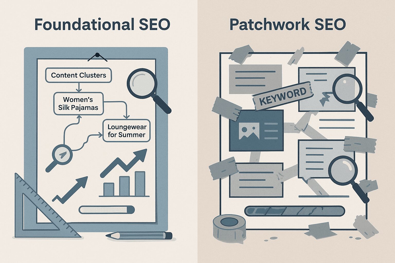 Comparison of two ecommerce site blueprints: one organized with structured content and keyword pillars, the other cluttered with random, ineffective SEO elements.