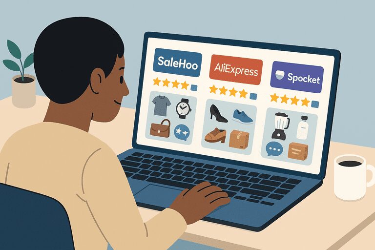 Person browsing dropshipping suppliers online using directories and marketplaces