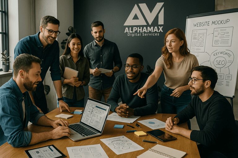 Creative team of web designers, developers, and marketers collaborating in an ecommerce agency office