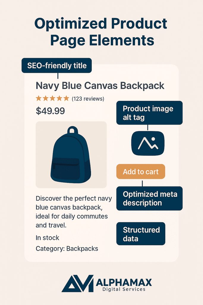 Example WooCommerce product page with SEO optimizations highlighted