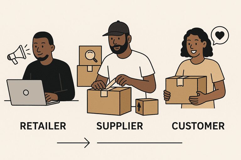 Visual representation of retailer, supplier, and customer roles in dropshipping