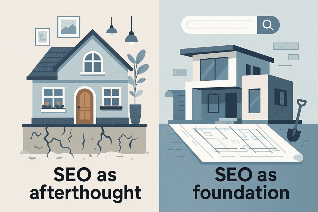 Visual metaphor showing two houses: one beautifully designed but collapsing due to weak SEO foundation, the other solidly built with SEO blueprints and structure.