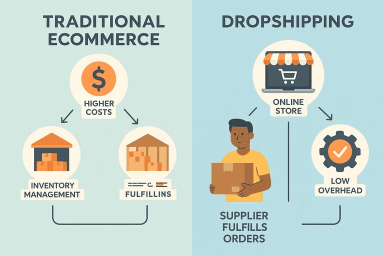 Side-by-side comparison of traditional ecommerce vs dropshipping model