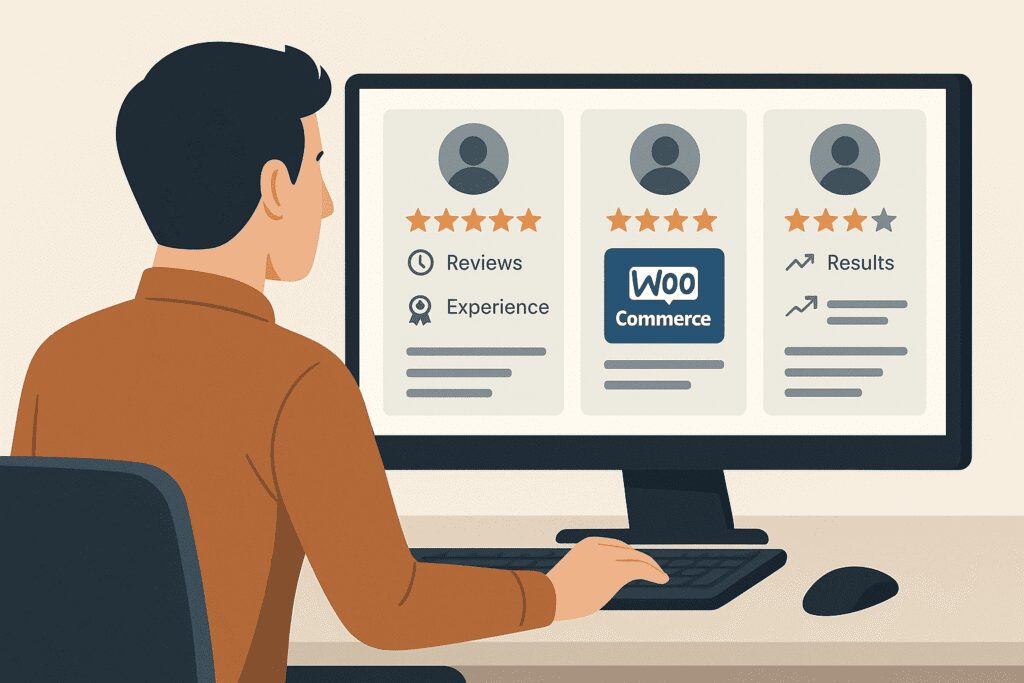 Visual comparison of WooCommerce SEO agency profiles and their credentials