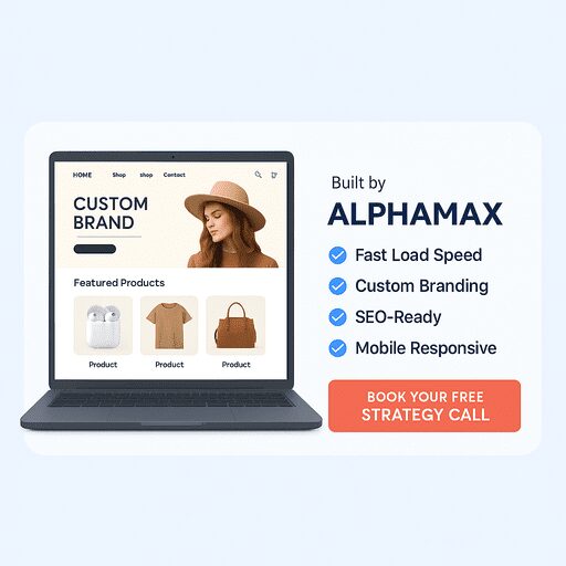 Promotional graphic showing custom ecommerce site built by Alphamax Digital Services