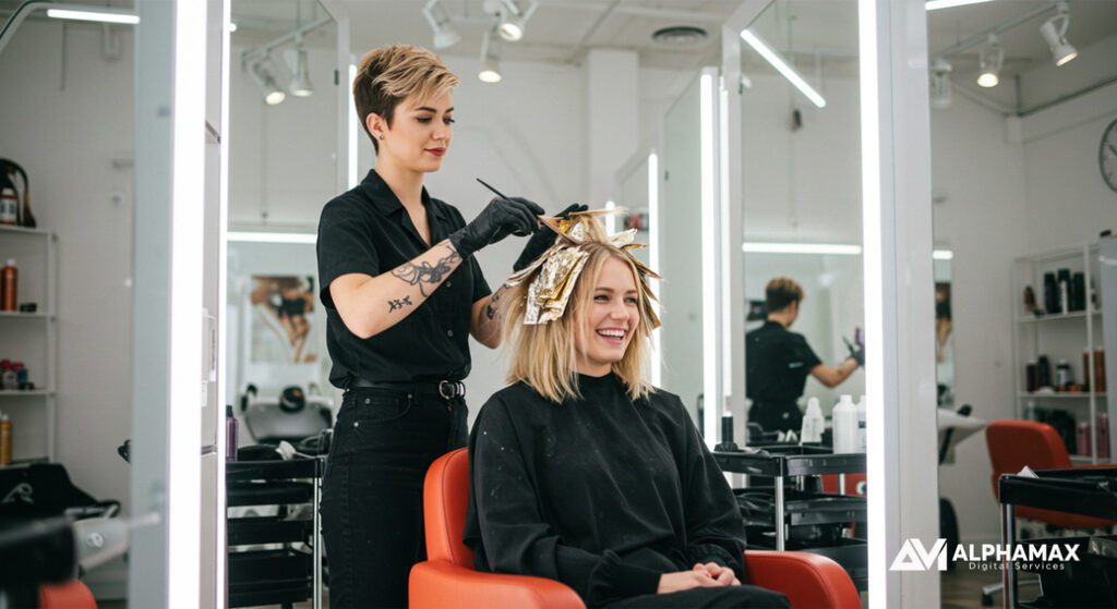 Hairstylist applying foil highlights to a smiling client in a modern salon with large mirrors and bright lighting