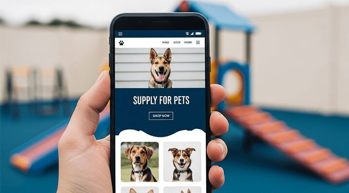 Hand holding smartphone displaying a responsive pet supply storefront with shop-now UI and dog thumbnails, set against blurred playground