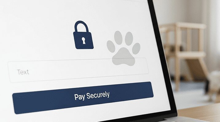 Checkout page showing a padlock icon, paw print logo, and a blue ‘Pay Securely’ button, illustrating trusted payment gateways for pet stores