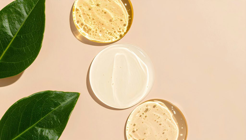 Skincare gel, oil and cream textures with green leaves on a soft peach surface