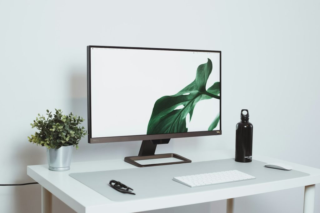Minimal white desk with a monitor, keyboard and a plant