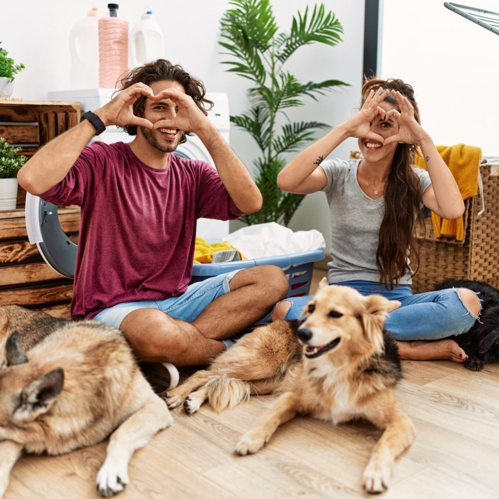 Smiling couple seated indoors framed by four relaxed dogs as they form heart shapes with their hands, reflecting lasting pet happiness supported by ongoing care and maintenance