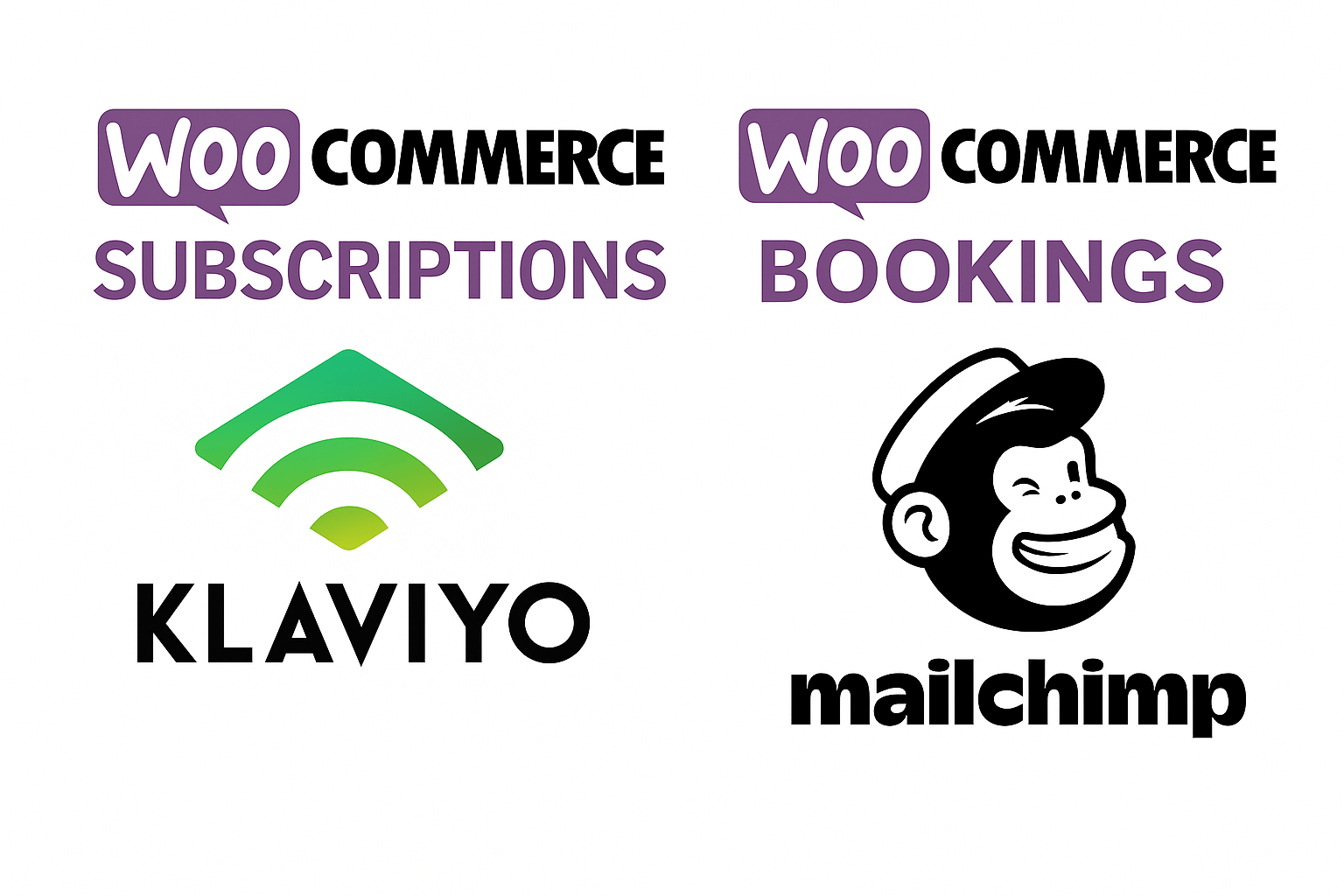 Collage of logos for popular WooCommerce plugins like WooCommerce Subscriptions, WooCommerce Bookings, Klaviyo, and Mailchimp