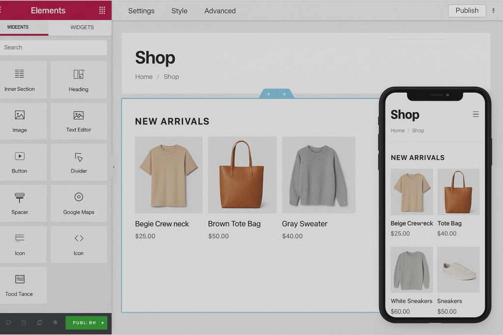 Screenshot of a custom WooCommerce theme being edited in a drag-and-drop page builder, showing a shop homepage on desktop and mobile views