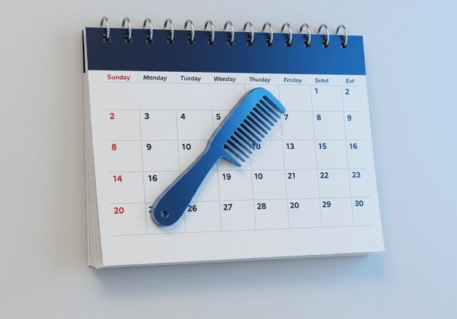 Spiral‑bound desk calendar with a blue hair comb laid across the dates, symbolizing salon appointment scheduling