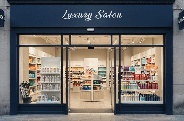 Exterior of a luxury salon storefront with glass windows showcasing neatly arranged haircare and beauty products