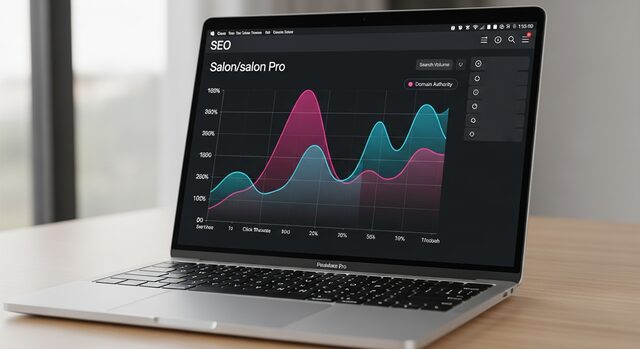Laptop screen showing a multi‑colored line chart of salon SEO metrics, including search volume and domain authority over time