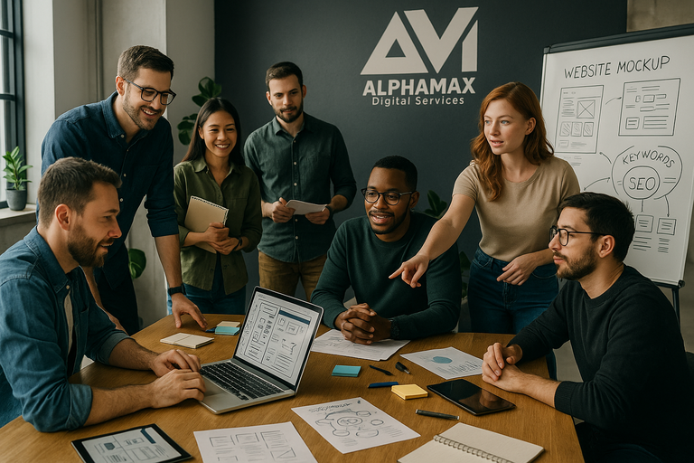 Alphamax Digital's creative team of web designers, developers, and marketers collaborating in an ecommerce agency office