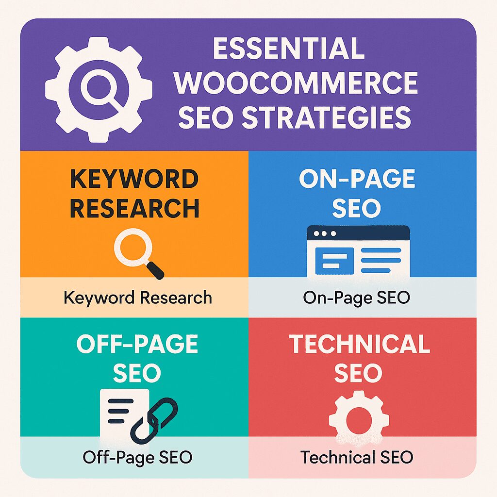 Overview of core WooCommerce SEO strategies in a segmented infographic