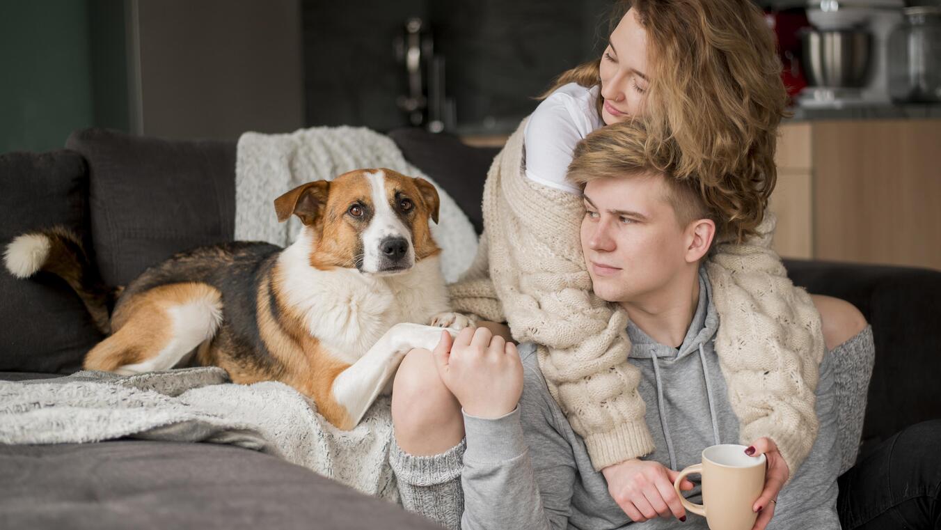 Couple cuddling on a living-room couch with their attentive mixed-breed dog resting beside them, showcasing cozy home pet life