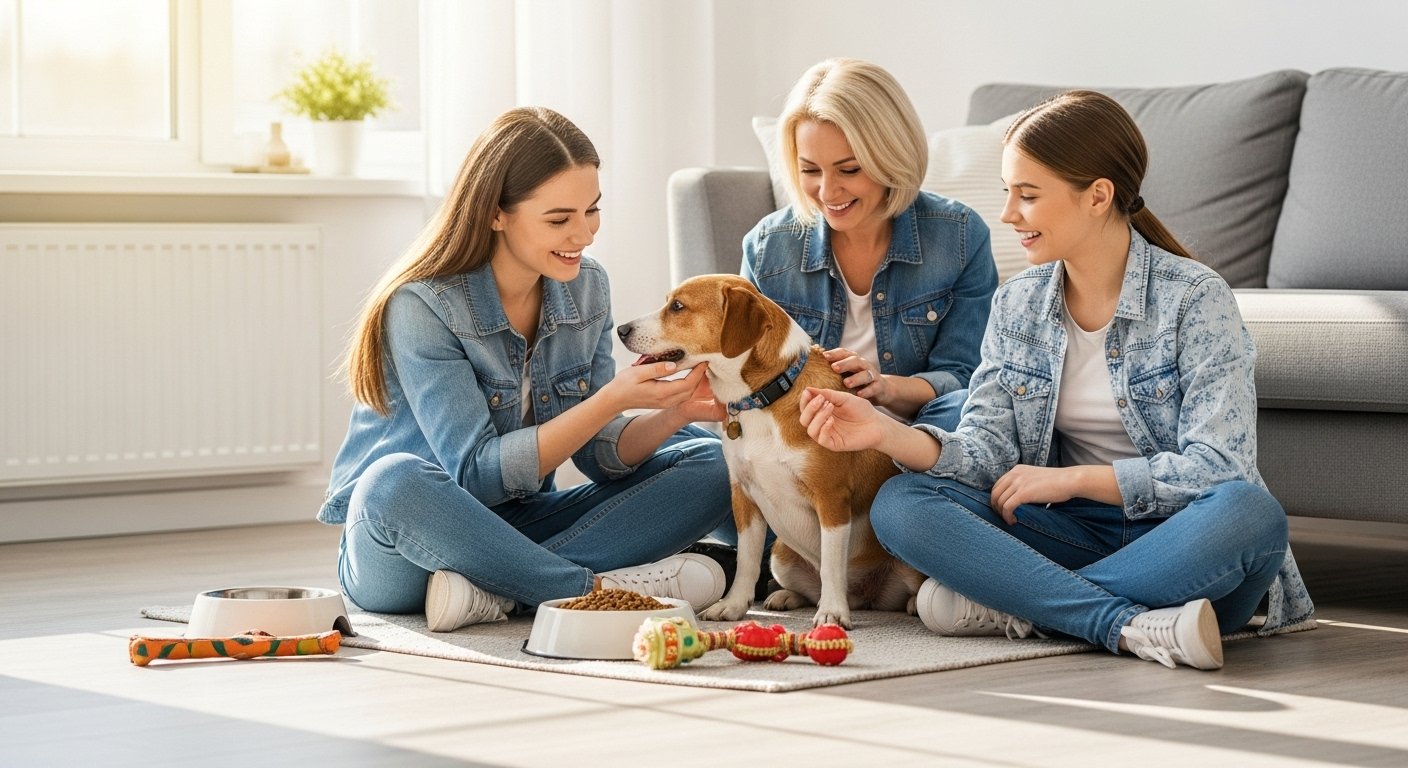 Three women on a living-room floor feeding and petting a beagle from two bowls surrounded by dog toys, illustrating engaging pet-care moments