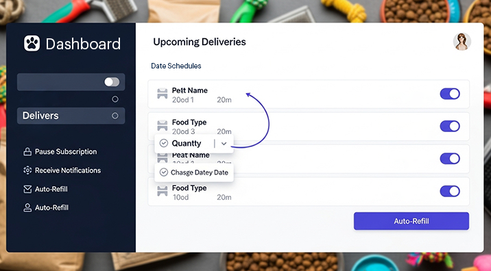 Subscription dashboard mockup showing upcoming pet food deliveries with toggles for Pause, Receive Notifications, and Auto-Refill