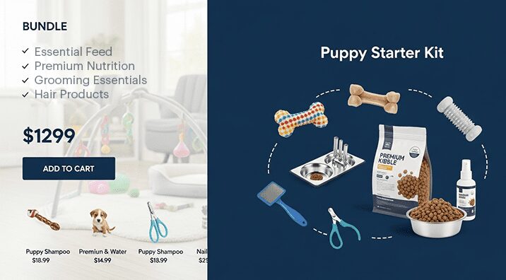Split-screen ‘Puppy Starter Kit’ bundle graphic with price $12.99, checklist of essentials on one side and product images (kibble, bowl, toys) on the other