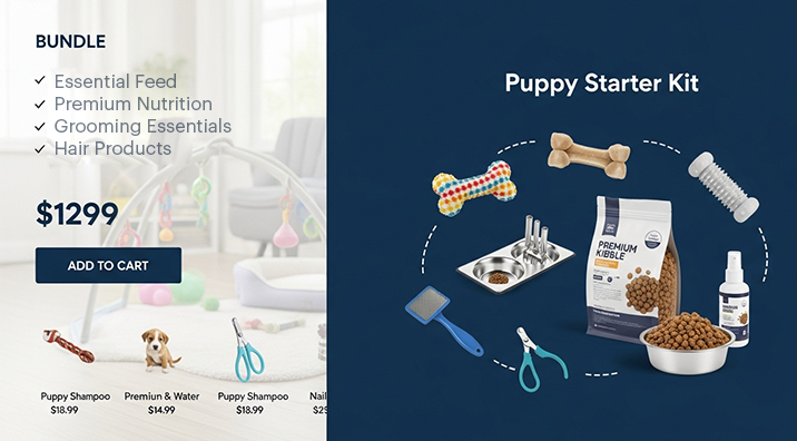 Split-screen ‘Puppy Starter Kit’ bundle graphic with price $12.99, checklist of essentials on one side and product images (kibble, bowl, toys) on the other