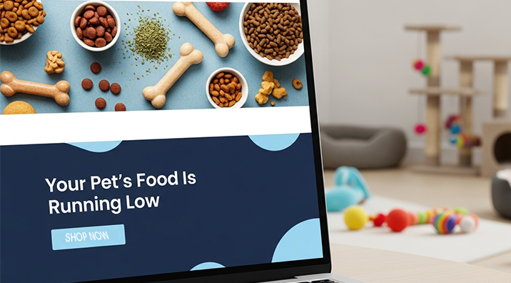 Automated email reminder on a laptop screen: ‘Your Pet’s Food Is Running Low’ with a Shop Now button and blurred pet toys in the background
