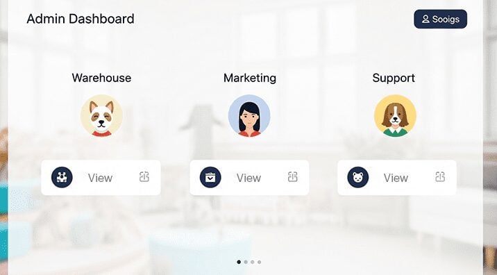 Admin dashboard mockup with role-based views labeled Warehouse, Marketing, and Support—each with distinctive pet avatar icons