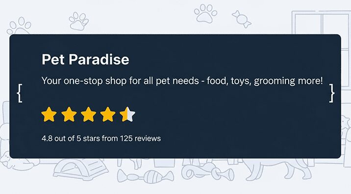 JSON-LD schema snippet for ‘Pet Paradise’ showing a 4.8 out of 5 star rating from 125 Trustpilot reviews, ready to boost SEO visibility